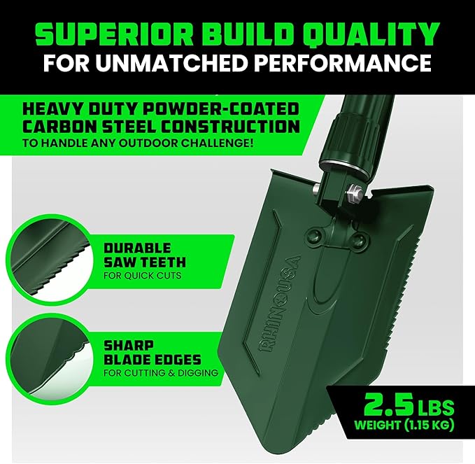 RHINO USA Folding Survival Shovel w/Pick - Heavy Duty Carbon Steel Military Style Entrenching Tool