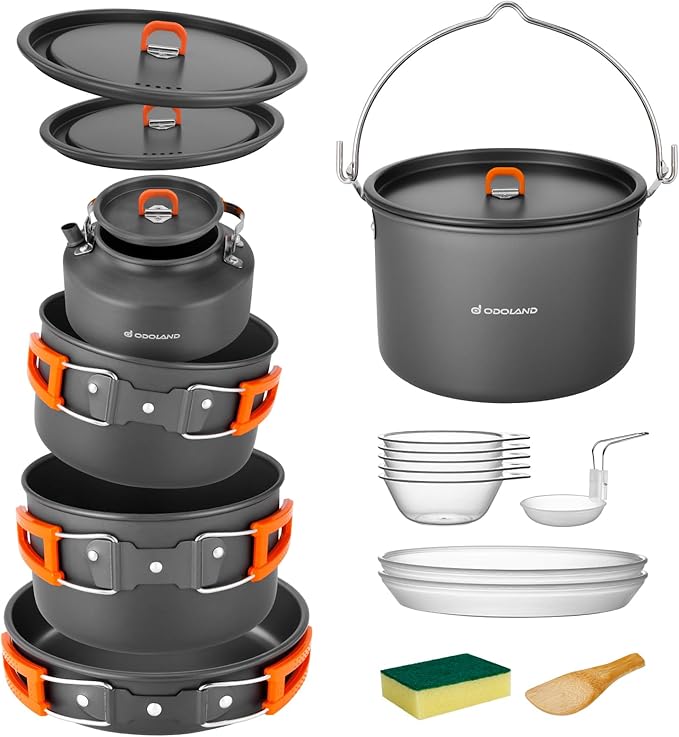 Odoland 18pcs Camping Cookware Large Size Hanging Pot Pan Kettle Set with Plastic Plates Bowls Soup