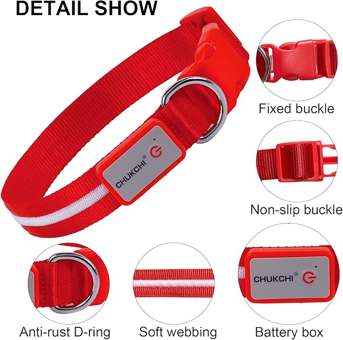 CHUKCHI LED Dog Collar Rechargeable,Waterproof Flashing Collar,Light Up Glow Collar, Adjustable