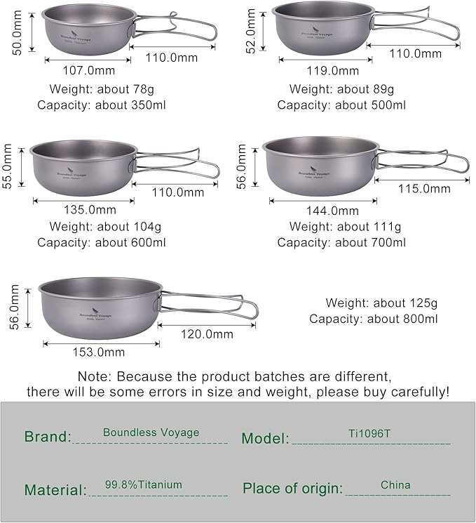 Boundless Voyage Titanium Bowls Dishes Set with Folding Handle Lightweight Portable Plates Saucers