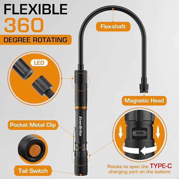 EverBrite Multi-Functional Rechargeable Work Light, Flexible LED Flashlight with 3 Light Modes