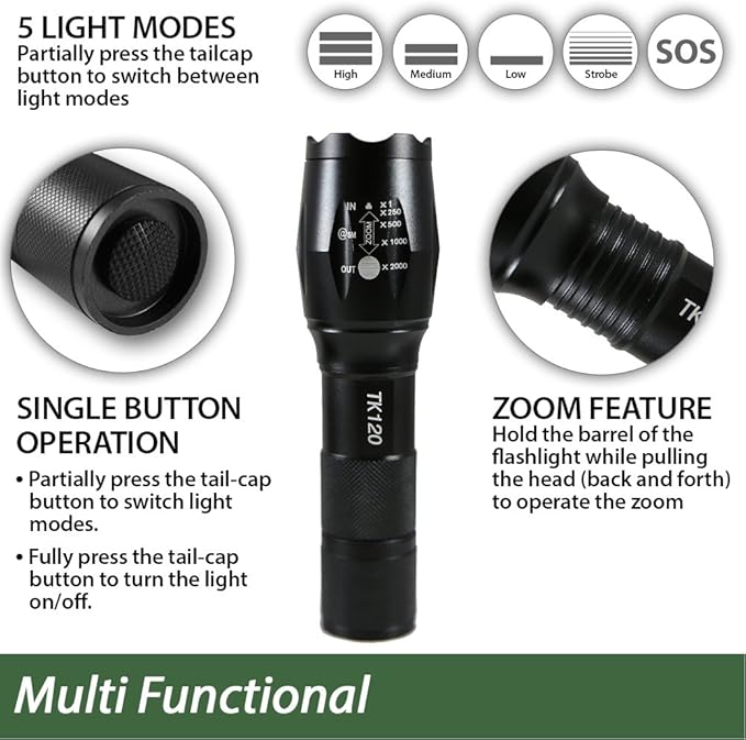EcoGear FX LED Flashlight - Mini Camping Flashlight with High Lumens, 5 Light Modes, Zoomable Beam
