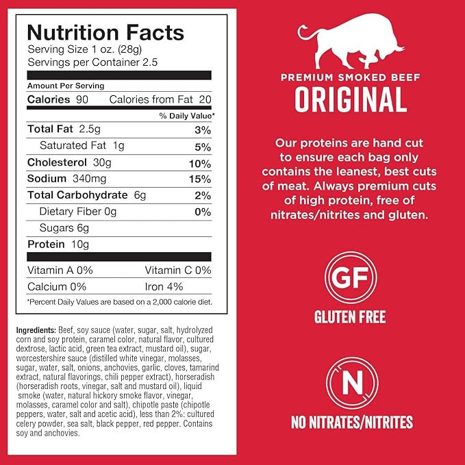 Chef's Cut Beef Jerky, Original, High Protein Meat Snack, 10g of Protein and 90 Calories, Gluten