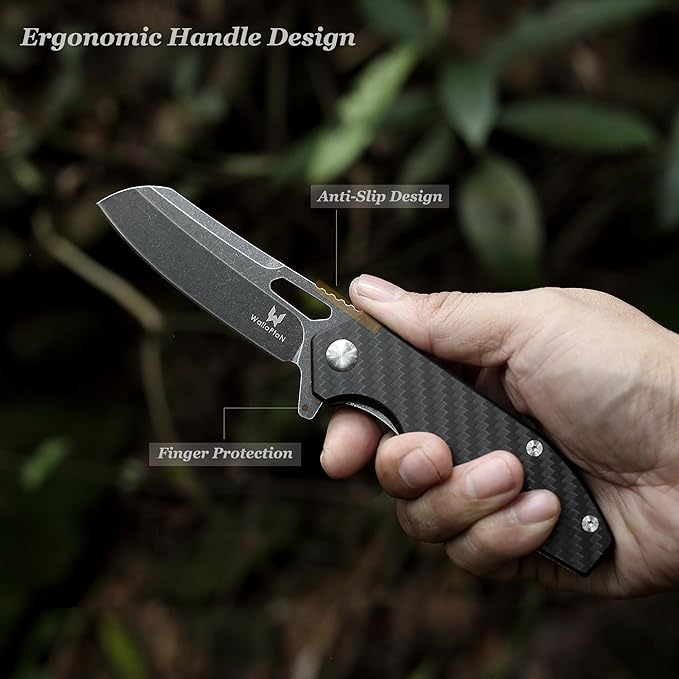 Folding Pocket Knife - 3.54'' CPM S35VN Black Steel Blade, Carbon Fiber Ergonomic Handle - Camping
