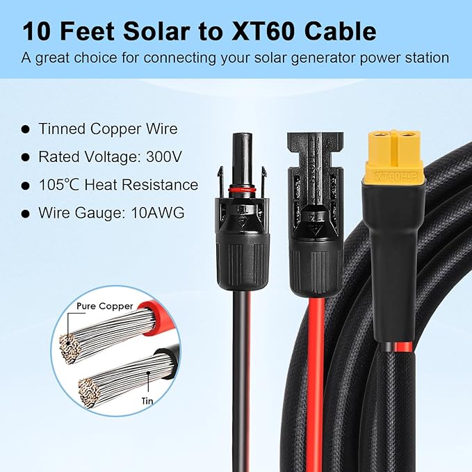 Solar to XT60 Cable 10AWG - 10FT Solar Connector to XT60 Adapter Cable for Solar Panel to Battery