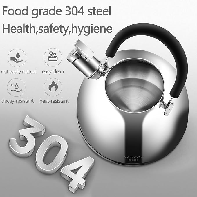 304 Stainless Steel Whistling Tea Kettle 3.17 Quart/3L Tea Pot, Suitable to Boiling Water & Tea on