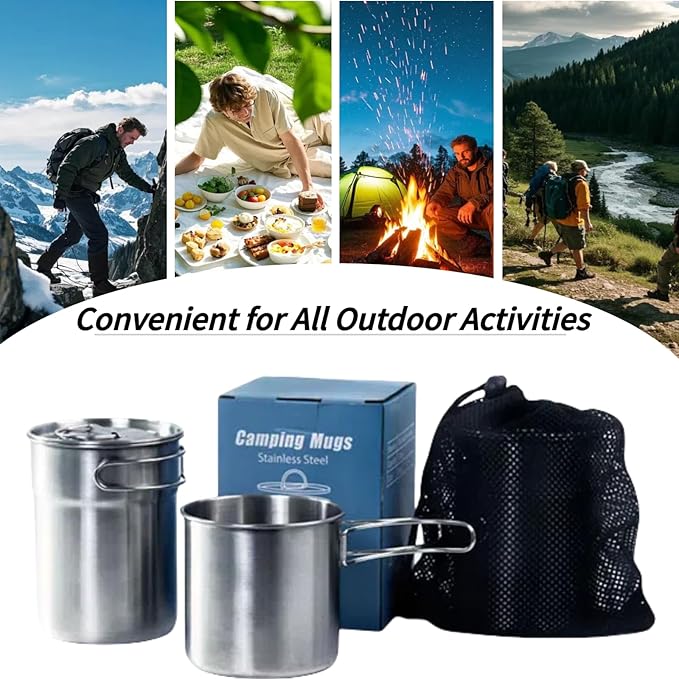 Foldable Camping Cups Mugs Camping Pot Cookware 304-Food-Grade Outdoor Camp Cooking Set with Vented