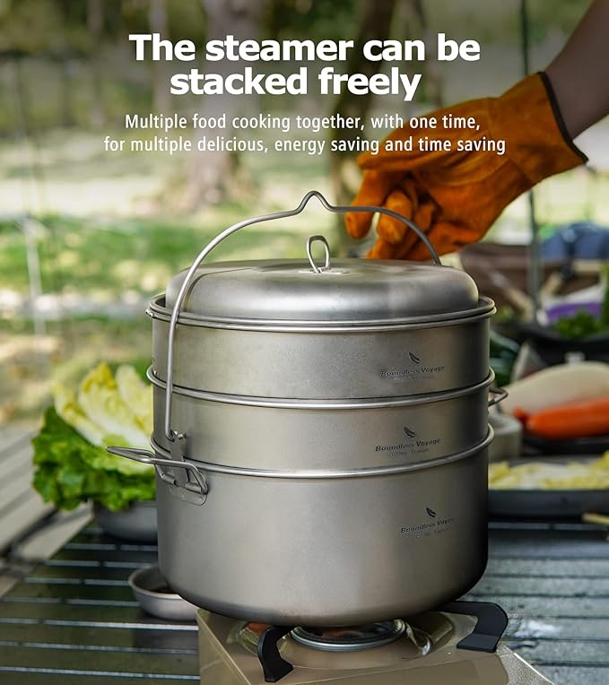 Boundless Voyage Titanium 4.5L Hanging Pot with Steaming Rack Folding Handle Outdoor Camping