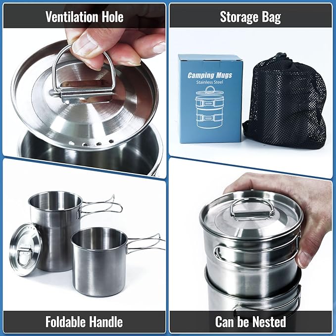 Foldable Camping Cups Mugs Camping Pot Cookware 304-Food-Grade Outdoor Camp Cooking Set with Vented