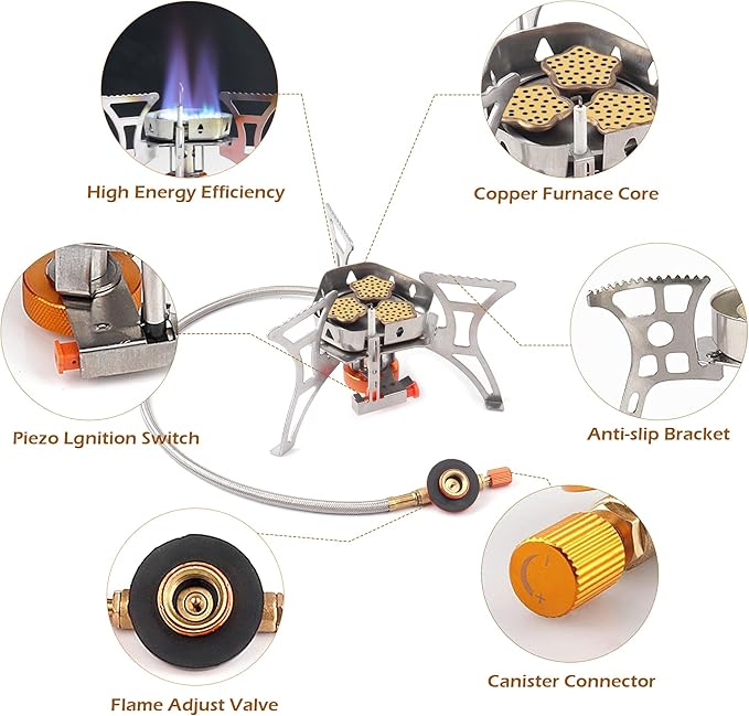 6800W Camping Stove with Fuel Canister Adapter Portable Backpacking Gas Stove with Piezo Ignition