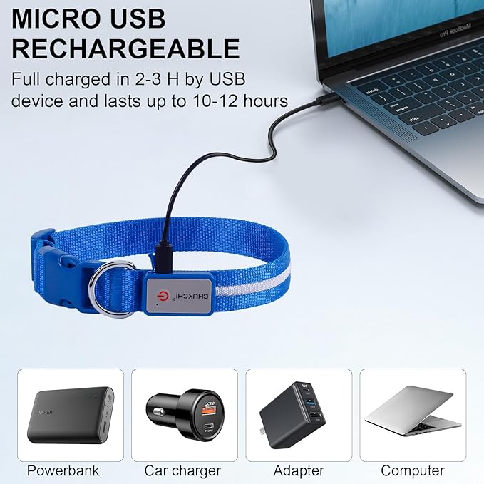 CHUKCHI LED Dog Collar Rechargeable,Waterproof Flashing Collar,Light Up Glow Collar, Adjustable