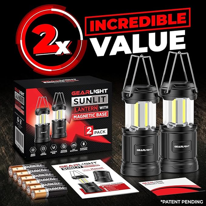 GearLight Camping Lantern - 2 Portable LED Battery Powered Lantern with Magnetic Base and Foldable