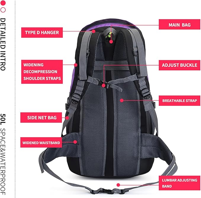 Bseash 50L Hiking Backpack, Water Resistant Lightweight Outdoor Sport Daypack Travel Bag for