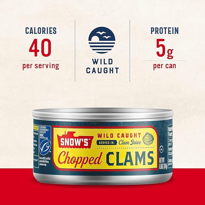 Snow's Wild Caught Chopped Clams Canned, 6.5 oz Can (Pack of 6) - 5g Protein Per Serving - Gluten