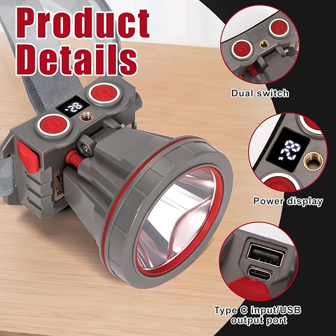 Super Bright Coon Hunting Headlamp, High Lumen LED Headlight with Battery Level Display, Waterproof