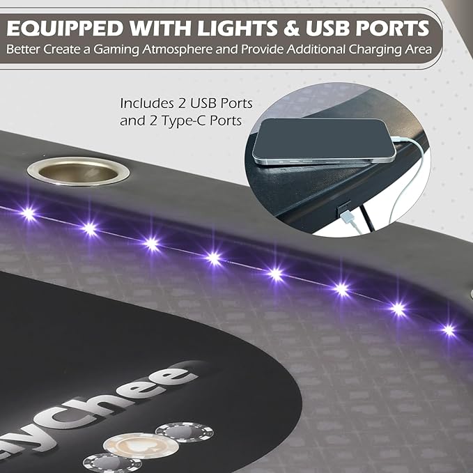 LED Poker Table, 84" 10 Player Foldable Texas Holdem Table w/Inlaid LED Light, 2 USB & 2 Type-c