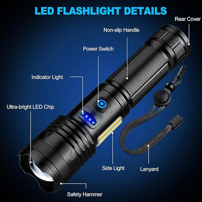 Alicegirl Rechargeable Flashlights High Lumens, 99000LM Super Bright Flashlight, Adjustable