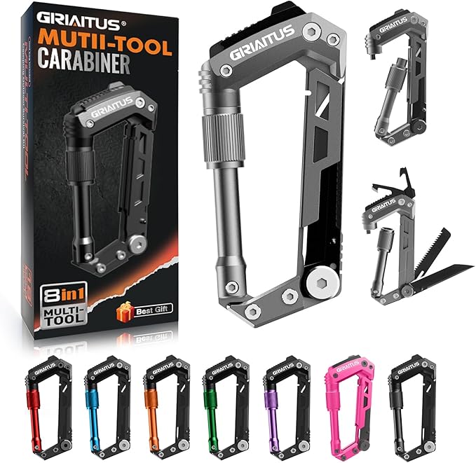 Carabiner Multitool with Pocket Knives, 8-in-1 EDC Carabiners, Serrated Knife, Rope Cutter