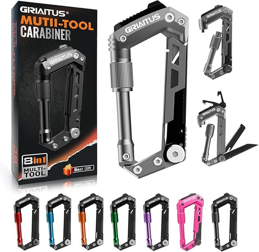 Carabiner Multitool with Pocket Knives, 8-in-1 EDC Carabiners, Serrated Knife, Rope Cutter