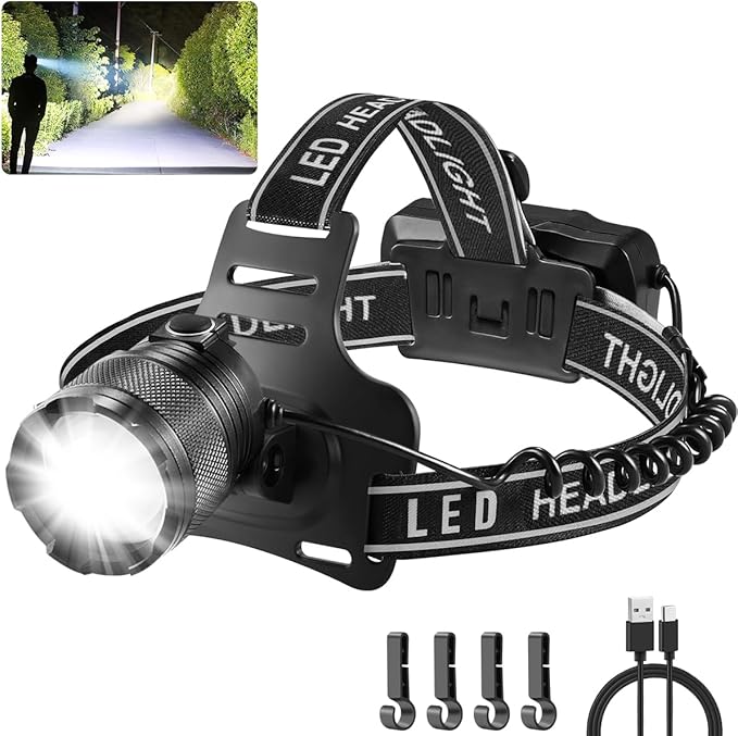 Super Bright Aluminum Headlamp, Rechargeable Headlamp High Lumen L9000, 90° Adjustable Focus Head