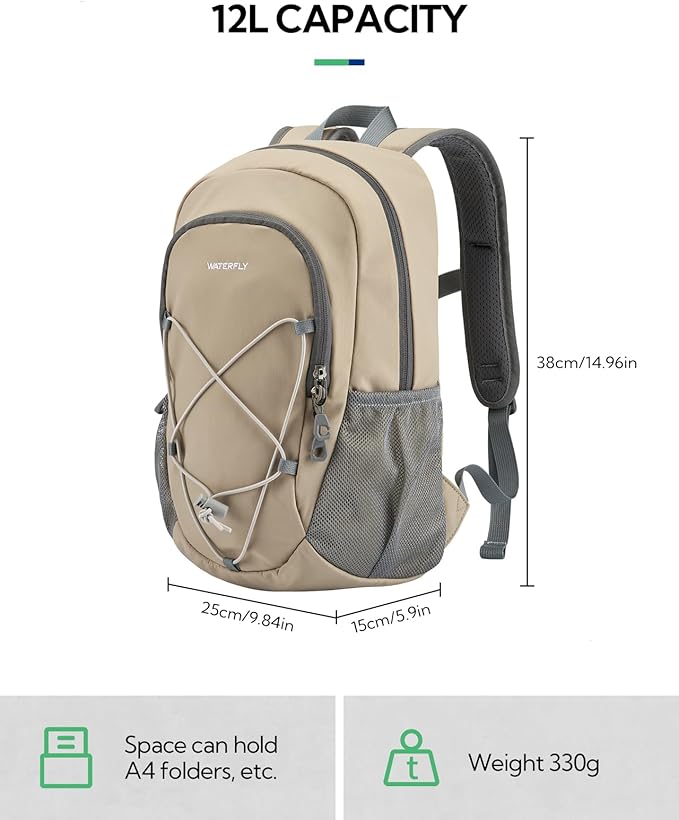 WATERFLY 12L Small Hiking Backpack: Day Pack Lightweight Travel Bag Camping Fitness Cycling Outdoor
