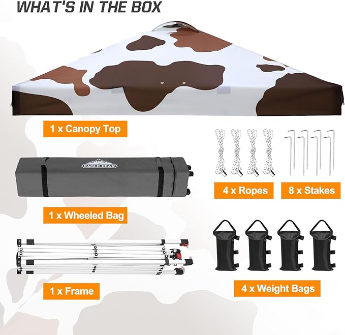 EAGLE PEAK Pop Up Canopy Tent with Wheeled Carry Bag, 8 Stakes, 4 Ropes, 4 Weight Bags, Easy Set Up