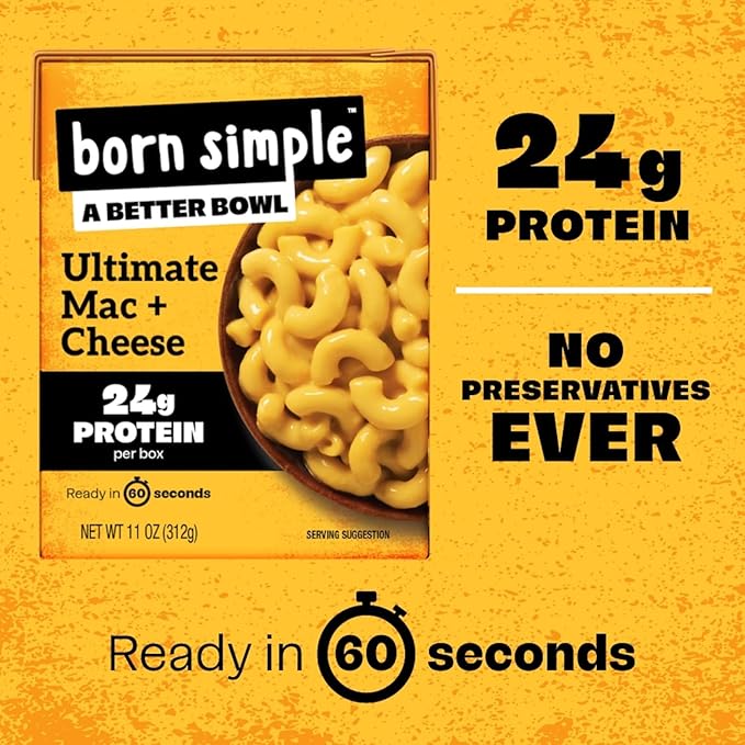 Born Simple Ready to Eat Meals with Sporks, Ultimate Mac and Cheese, Improved Recipe - 24g Protein