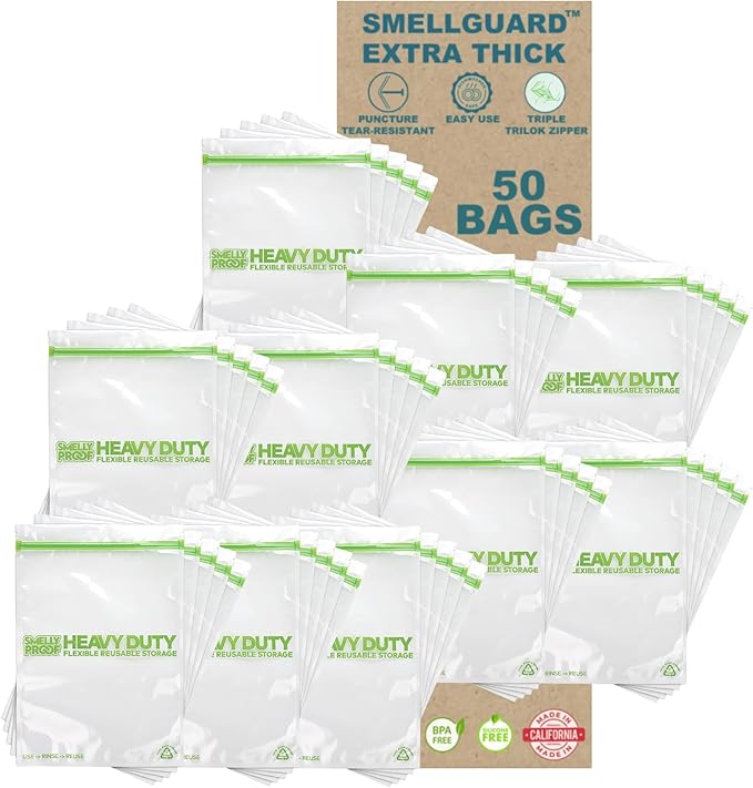 50 PACK, Heavy Duty 5mil Thick REUSABLE Food Freezer STORAGE BAGS by Smelly Proof, Extra X-Large