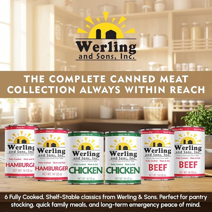 Werling & Sons Canned Meat Variety Pack 14.5 oz – Fully Cooked & Ready to Eat | 2 Hamburger, 2