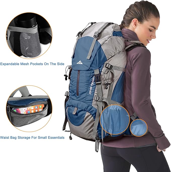 Loowoko 50L Hiking Backpack, Waterproof Camping Essentials Bag with Rain Cover, 45+5 Liter