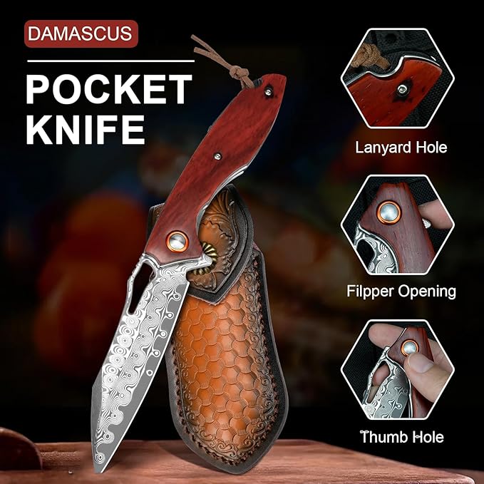 Damascus Pocket Knife 3.5" Damascus Steel Blade Foldable Knives with Wooden Handle EDC Camping
