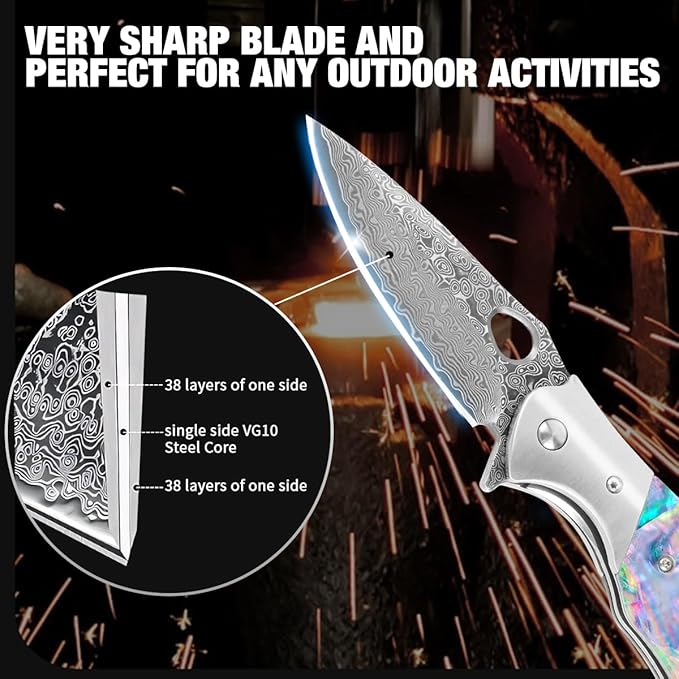 Cottonbell Damascus Pocket Knife Unique Rainbow Abalone Shell Handle Damascus Folding Knife, with