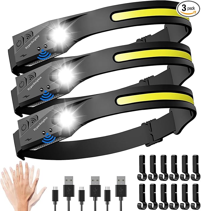 (3-Pack) Headlamp Rechargeable, LED Waterproof Headlight for Adults, 230° Headband Light Forehead