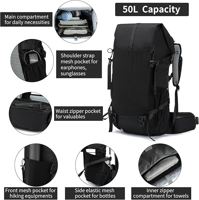 Hiking Backpack,40L to 50L Extra Large Capacity Hiking Bag,Internal Frame Camping Backpack,Upgraded