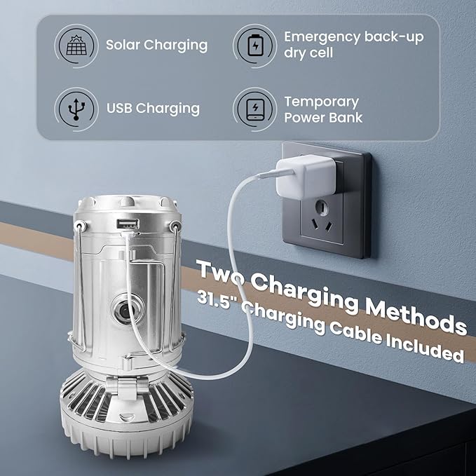 Solar Camping Lantern with Fan, Collapsible USB Rechargeable & Battery Powered Emergency Hanging