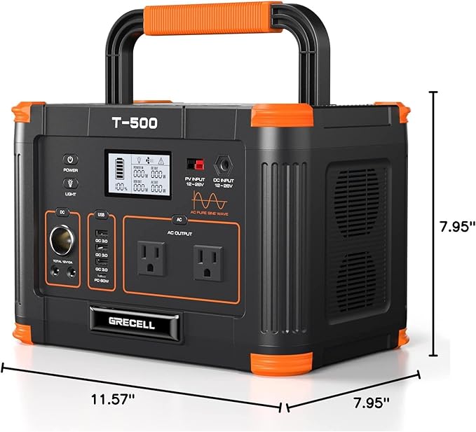 500W Portable Power Station, GRECELL Solar Generator 519Wh (Peak 1000W) Lithium Battery Power