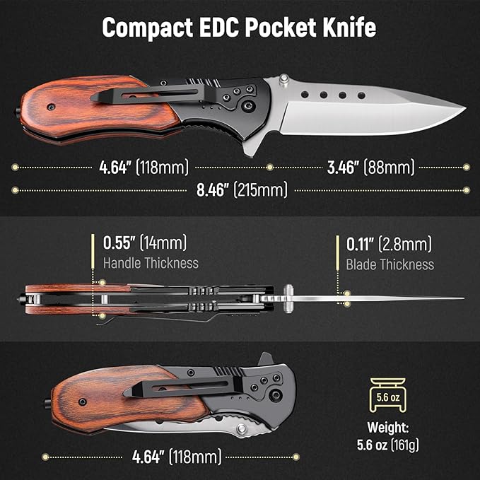 Pocket Knife for Men - 3.46" Sharp Blade Wood Handle Pocket Folding Knives with Clip, Glass Breaker