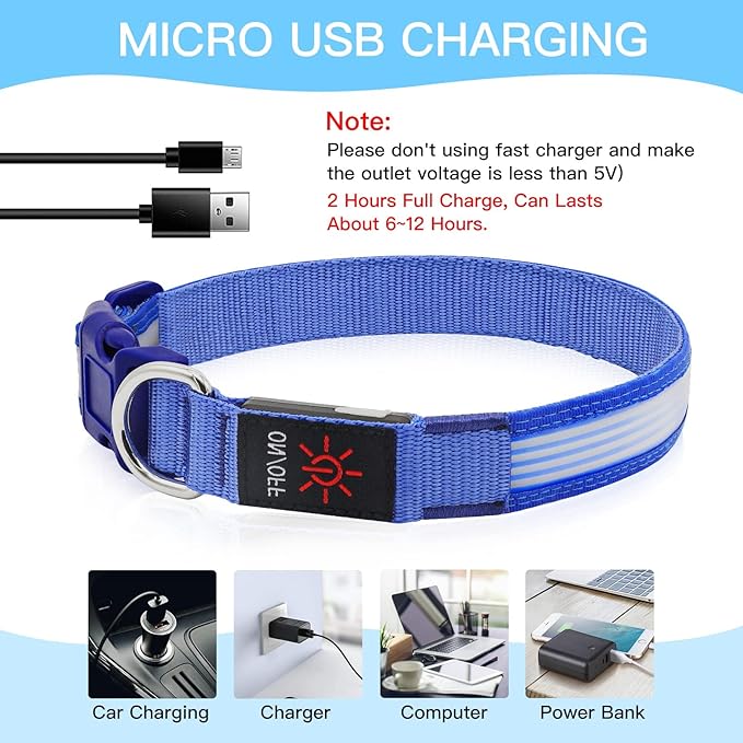 YFbrite Light up Dog Collar, USB Rechargeable LED Puppy Collar Super Bright Adjustable Glowing Dog
