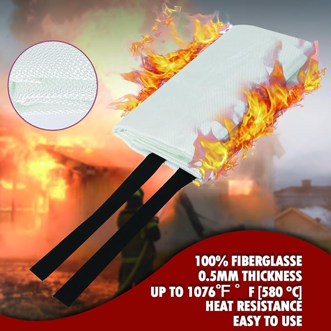 MDH Fire Blanket 40x40 inches Fiberglass w/Gloves Hooks Whistle - Fireproof Safety for Home Kitchen
