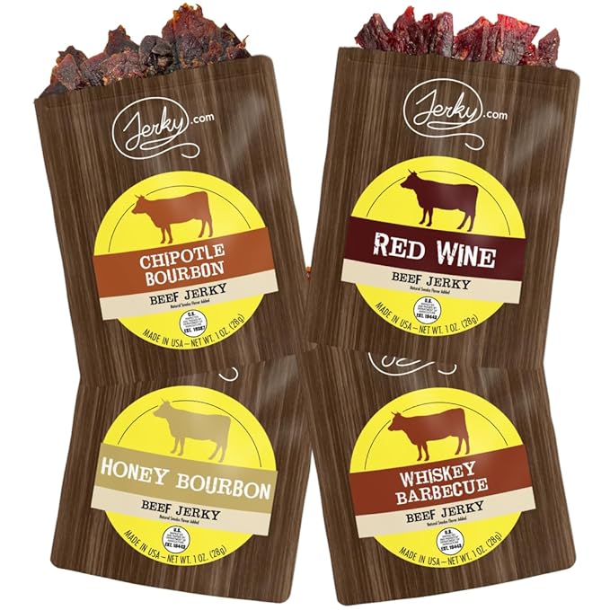 Jerky.com Booze Jerky Sampler - Featuring Chipotle Bourbon, Red Wine, Whiskey BBQ, Honey Bourbon