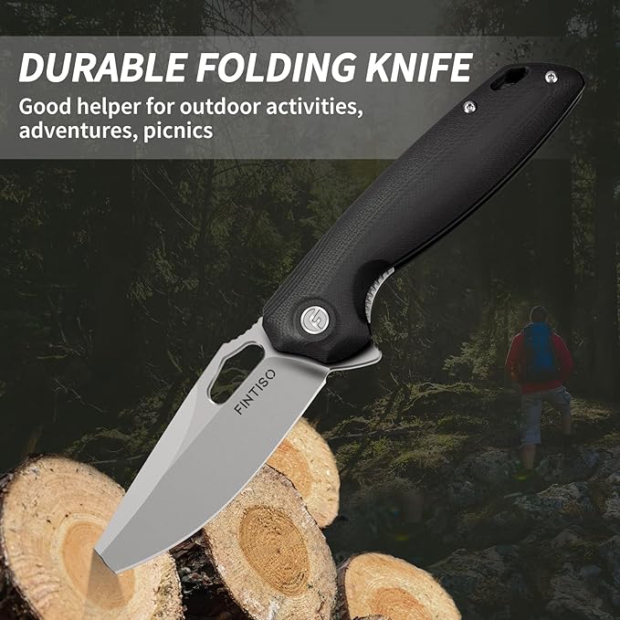 FINTISO Pocket Knife 3.38" Folding Knife Premium 14C28N Blade G10 Handle, Camping Survival Hiking