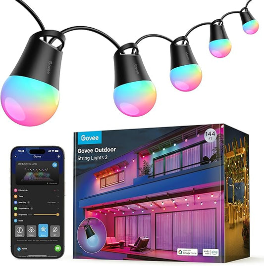 Govee Smart Outdoor String Lights 2, 144ft Outdoor Lights with Dimmable Warm White LED Bulbs, 47