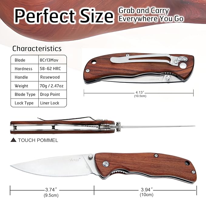 Vickay Pocket Knife for Men, Folding Knife with Clip, 3.74" 8Cr13MoV Steel Blade, Wood Handle EDC