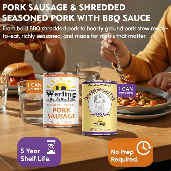 Werling & Sons Canned Meat Variety Pack 14.5 oz – Fully Cooked & Ready to Eat | 2 Beef, 2 Chicken