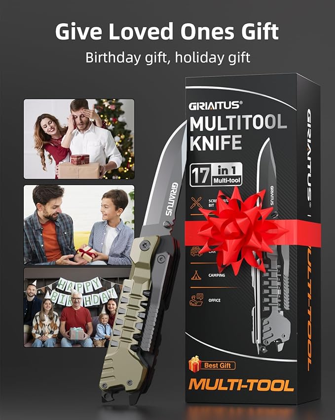 Multitool Knife, 17 in 1 Pocket Knife with Screwdriver, Fire Starter Sticks, Bottle Opener, Saw