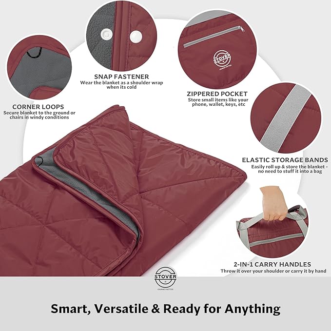 STOVER Waterproof Stadium Blanket – Portable Outdoor Camping Blanket for Travel, Picnics, or Sports