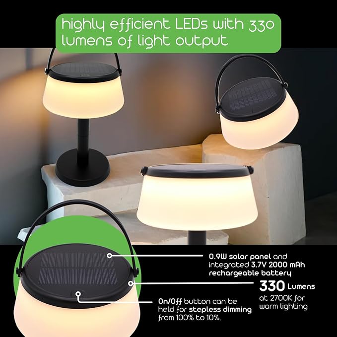2-in-1 Portable Solar Power LED Table Lamp & Lantern - Indoor/Outdoor - Stepless Dimming