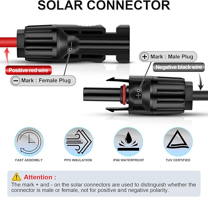 iGreely 20 Feet 10AWG Solar Extension Cable with Female and Male Connector Solar Panel Wire Adapter