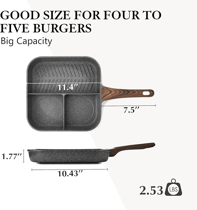 Sensarte Nonstick 11-Inch Square Grill Pan, 3-Section Versatile Breakfast Skillet, Die-cast