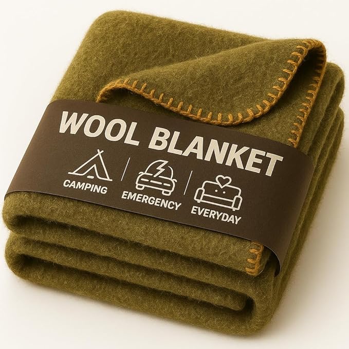 Wool Camping Blanket ??70% Wool Heavy-Duty Military Style Throw, Warm & Washable, Fire Retardant